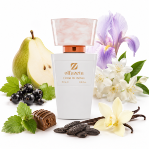 Olfazeta Bonheur Supreme 042W Produktbild mit weißem Olfazeta-Flakon sowie Birne, schwarzer Johannisbeere, Iris, Jasmin, Orangenblüte, Patschuli, Praline, Tonkabohne und Vanille
