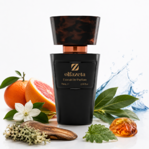 Olfazeta 061M Triumph als schwarzer Flakon auf hellem Hintergrund mit Mandarinorange, Pink Grapefruit, marinen Noten, Jasmin, Lorbeer, Ambergris, Eichenmoos, Guajakholz und Patschuli.