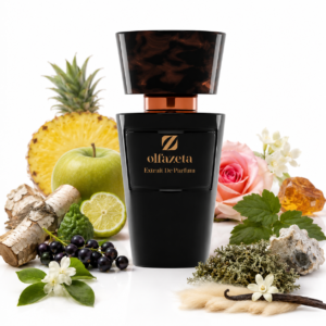 Olfazeta 068M Glory for Him als schwarzer Flakon auf hellem Hintergrund mit Ananas, Apfel, Bergamotte, schwarzer Johannisbeere, Birke, Rose, Jasmin, Eichenmoos, Ambergris und Vanille.