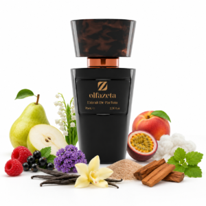 Olfazeta 110U Mystic Spell als schwarzer Flakon auf hellem Hintergrund mit Birne, Himbeere, Passionsfrucht, Pfirsich, Sand, schwarzer Johannisbeere, Maiglöckchen, Heliotrop, Moschus, Patschuli, Sandelholz und Vanille.