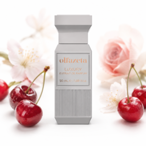 Produktbild von Olfazeta Luxury 111 Ruby Love mit cleanem Flakon, Kirschen und dezenten floralen Akzenten auf hellem Hintergrund.