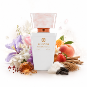 Olfazeta Secret Desire 121W Produktbild mit weißem Olfazeta-Flakon sowie Aldehyden, Bergamotte, Gewürzen, Mandarinorange, Pfirsich, wilder Erdbeere, Iris, Iriswurzel, Jasmin, Maiglöckchen, Narzisse, Rose, Veilchen, Ylang-Ylang, Ambra, Benzoeharz, Moschus, Sandelholz, Tonkabohne und Vetiver