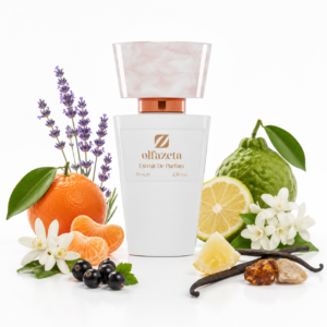 Olfazeta 122W Volare als weißer Flakon auf hellem Hintergrund mit Lavendel, Mandarinorange, Pomeranze, schwarzer Johannisbeere, Jasmin, Orangenblüte, Vanille, Ambergris und Zitronatzitrone.