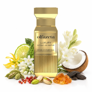Olfazeta Luxury 126U Lumière Dorée als goldener Flakon auf hellem Hintergrund mit Bergamotte, Kardamom, Pistazie, rosa Pfeffer, weißen Blüten, Kokosnuss, Benzoeharz und Tonkabohne