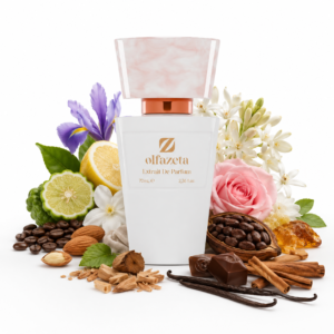 Olfazeta Chica Mala 131W Produktbild mit weißem Olfazeta-Flakon sowie Bergamotte, Kaffee, Mandel, Zitrone, Iris, Jasmin, Orangenblüte, Rose, Tuberose, Ambra, Kakaofrucht, Kaschmirholz, Moschus, Patschuli, Praline, Sandelholz, Tonkabohne, Vanille, Zimt und Zitronatzitrone