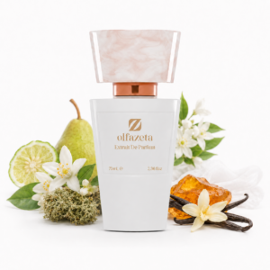 Olfazeta Enigma 133W Produktbild mit weißem Olfazeta-Flakon sowie Bergamotte, Birne, Neroli, Jasmin, Moos, Neroli-Essenz, Ambra, Ambrofix, Bourbonvanille, Serenolide und Vanille