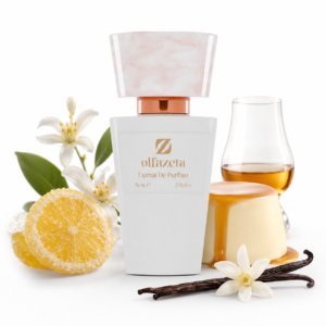Olfazeta Forever Yours 145W Produktbild mit weißem Olfazeta-Flakon sowie kandierter Zitrone, Orangenblüte, Panna Cotta, Rum und Vanille