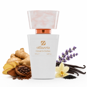 Olfazeta Divine Aura 148W Produktbild mit weißem Olfazeta-Flakon sowie Ingwer, Kakao, Lavendel, Vanille, Vanillekaviar und Vanille Absolue