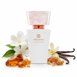Olfazeta Eternal Love for Her 161W Produktbild mit weißem Olfazeta-Flakon sowie Ambra, Bourbonvanille, Jasmin und Benzoeharz