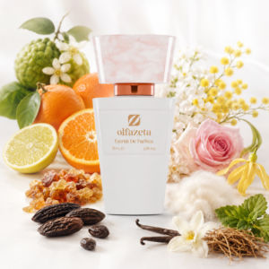 Olfazeta Miss Bijou 351W Produktbild mit weißem Olfazeta-Flakon sowie Bergamotte, Mandarinorange, Orange, Orangenblüte, Jasmin, Mimose, Rose, Ylang-Ylang, Moschus, Patschuli, somalischem Opopanax, Tonkabohne, Vanille und Vetiver