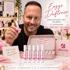 Enzys Duftreise Discovery Set Damen mit Enzy und fünf Olfazeta Duftproben 076W, 042W, 133W, 122W und 148W
