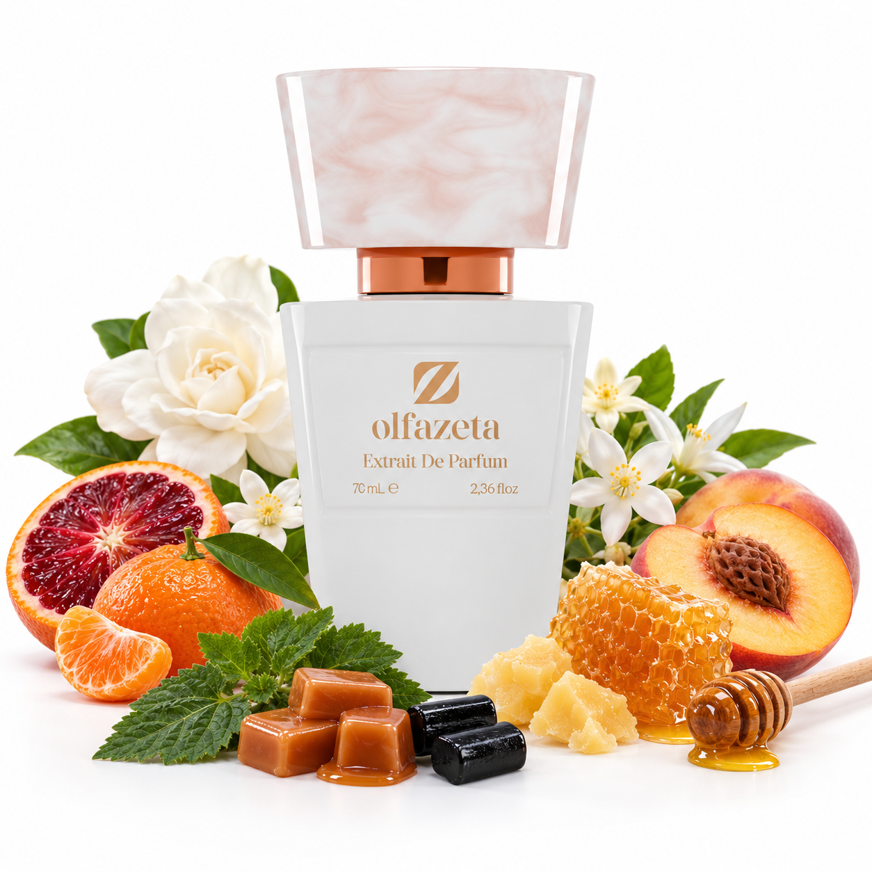 Olfazeta 119W Dark Affair von Chogan – weißer 70-ml-Flakon mit Honigwabe, Zitrusfrüchten, weißen Blüten, Pfirsich, Bienenwachs, Karamell, Lakritz und Patschuliblättern.